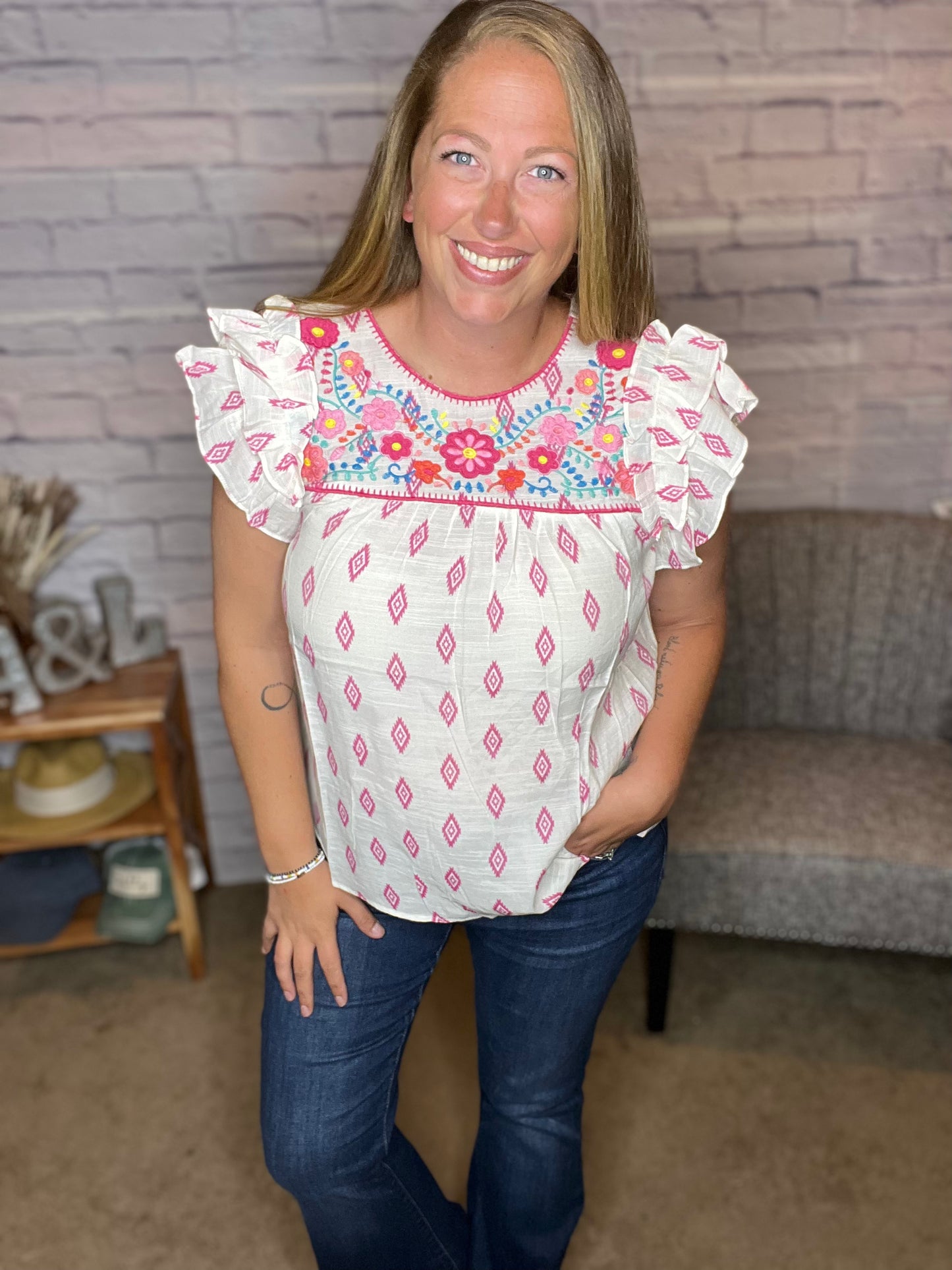 Embroidered Ruffle Sleeve Woven Top