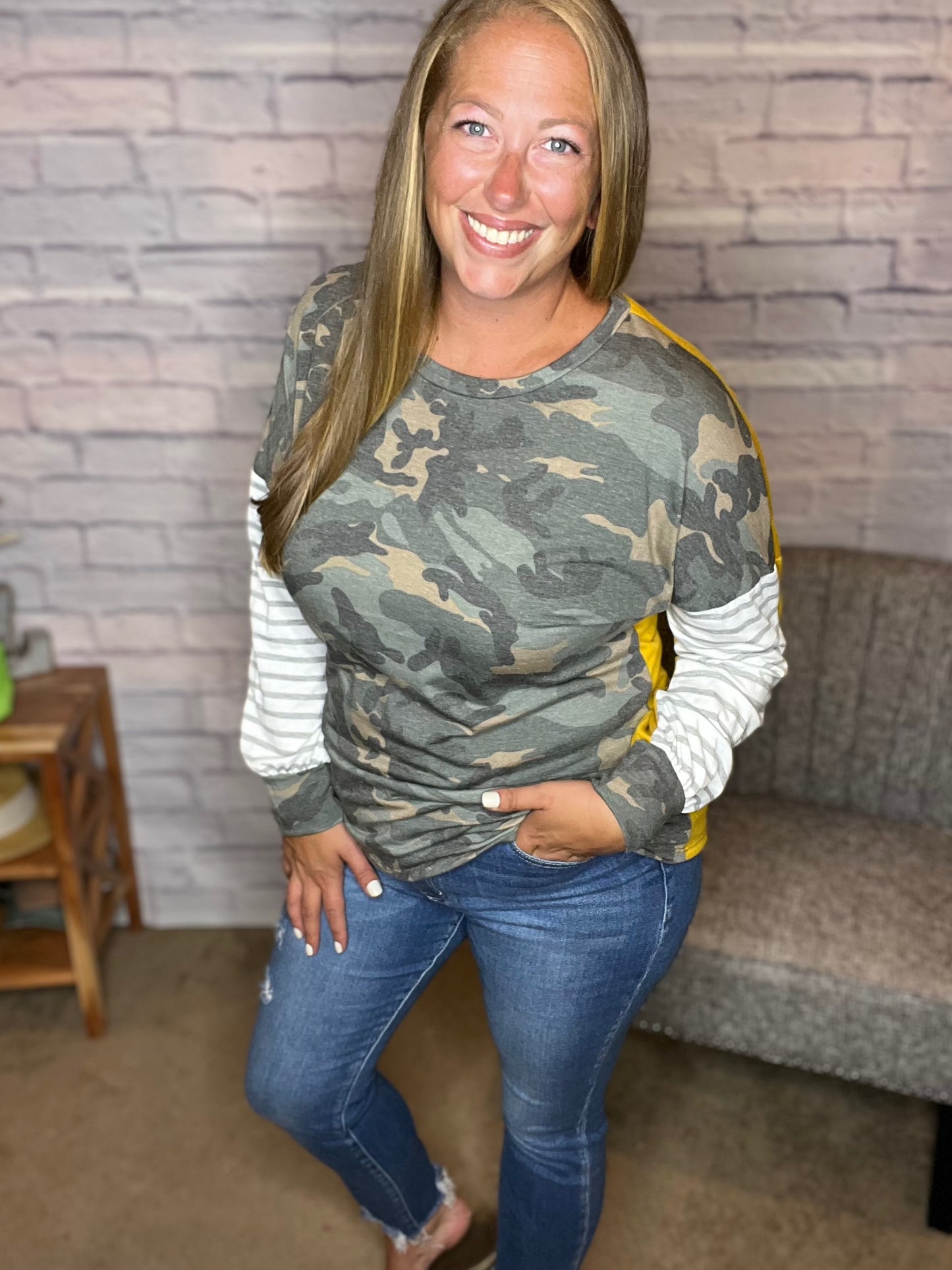 Camo Contrast Color Block Tunic Top