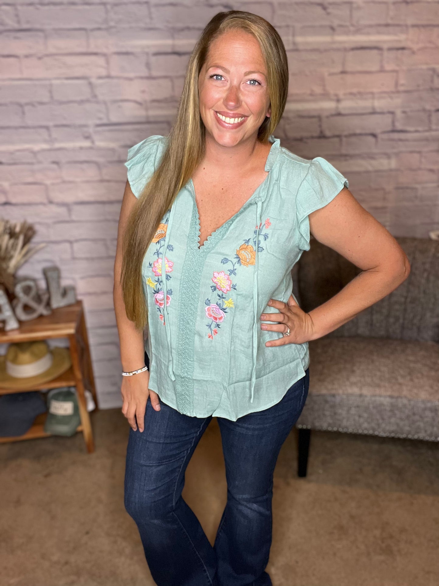 Neck Tie Embroidered Top