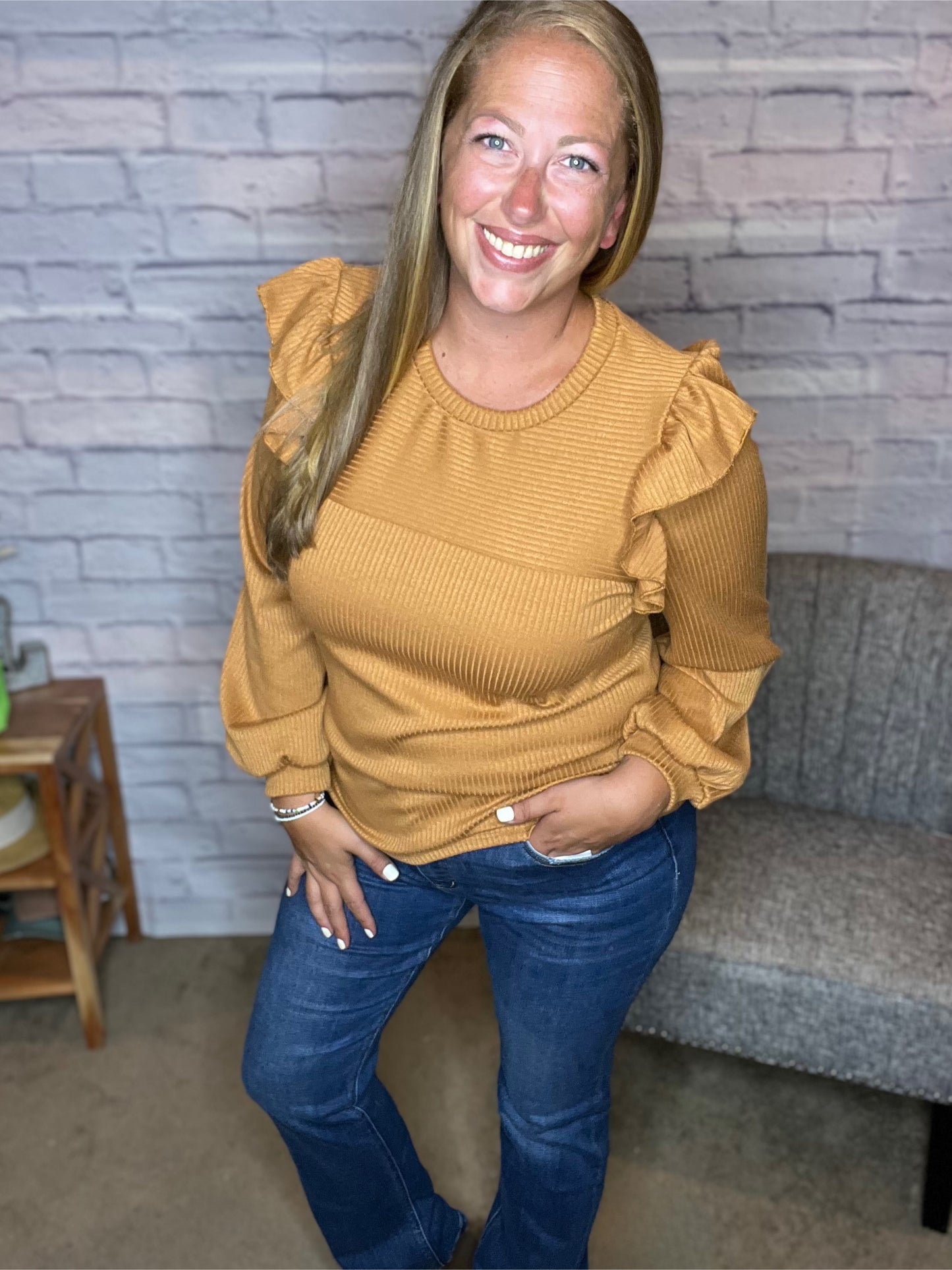 Pumpkin Spice Ruffle Shoulder Top