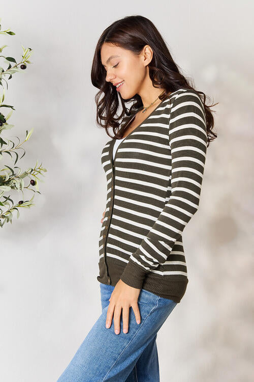 Zenana Olive Striped Snap Down Cardigan