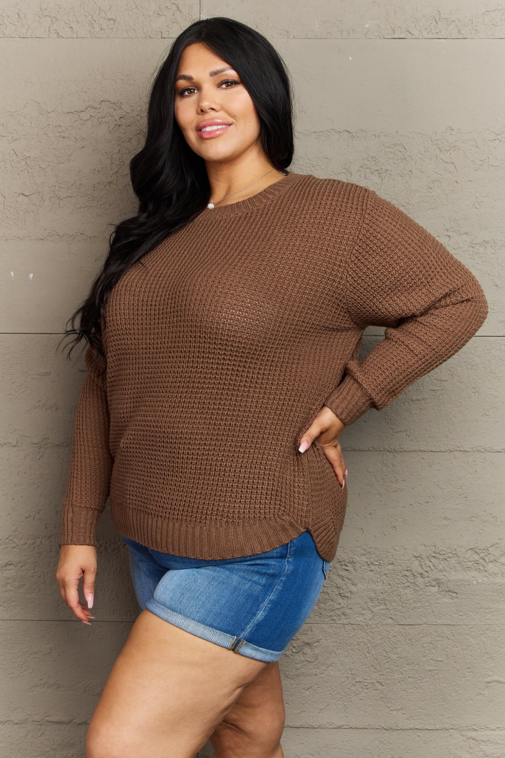 Zenana Breezy Days Curvy Girl Exclusive High Low Waffle Knit Sweater