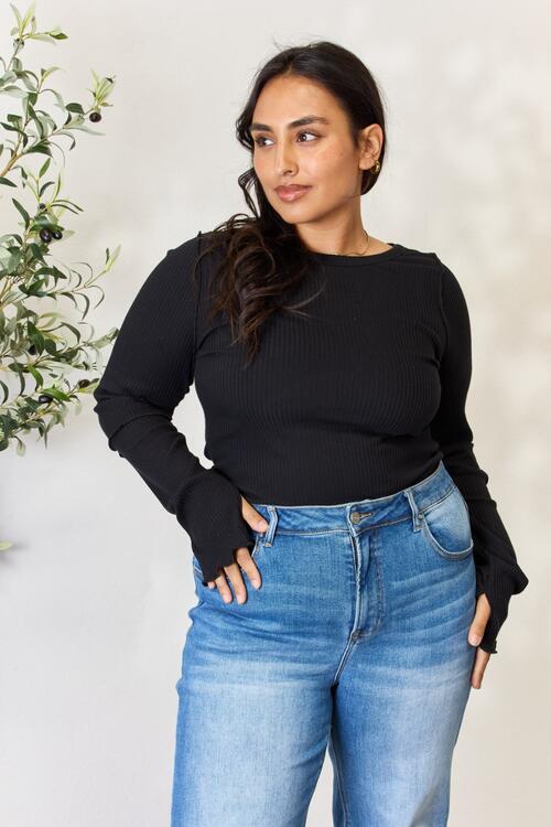 Black Perfection Ribbed Round Neck Long Sleeve Top
