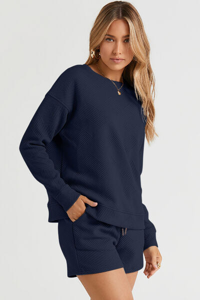 Double Take Textured Long Sleeve Top and Drawstring Shorts Set - 5 Color Options!