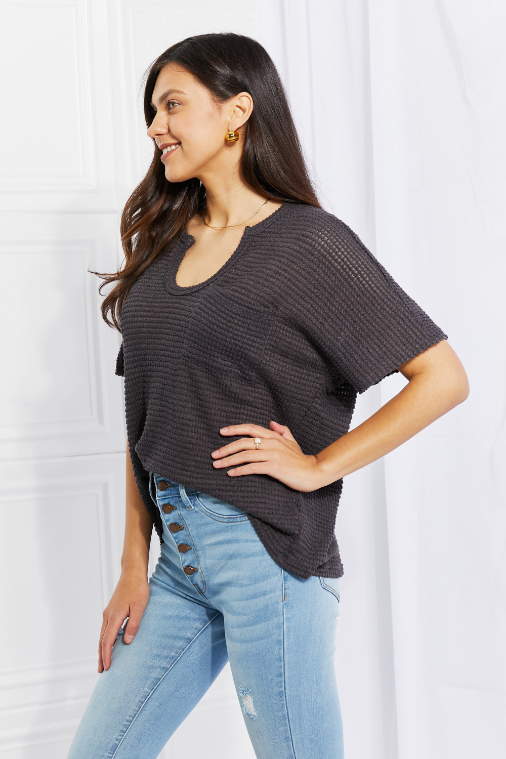 Zenana Spring It On Keyhole Jacquard Sweater in Gray