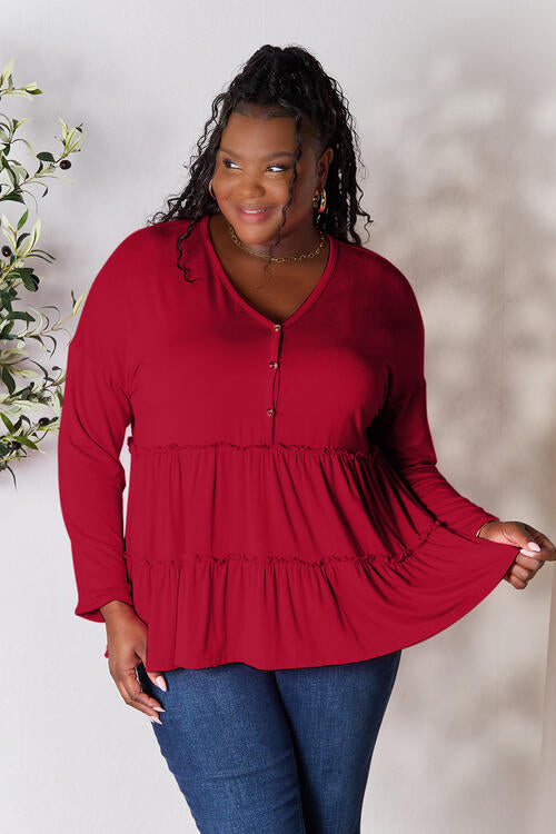 Double Take Half Button Long Sleeve Ruffle Hem Blouse - Multiple Colors!