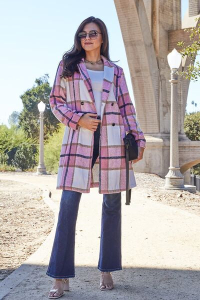 Double Take Plaid Button Up Lapel Collar Coat - Color Options!