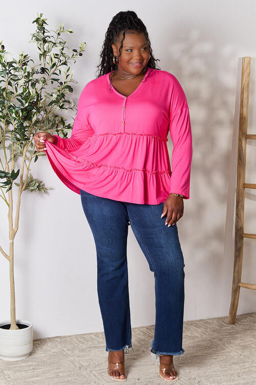 Double Take Half Button Long Sleeve Ruffle Hem Blouse - Multiple Colors!