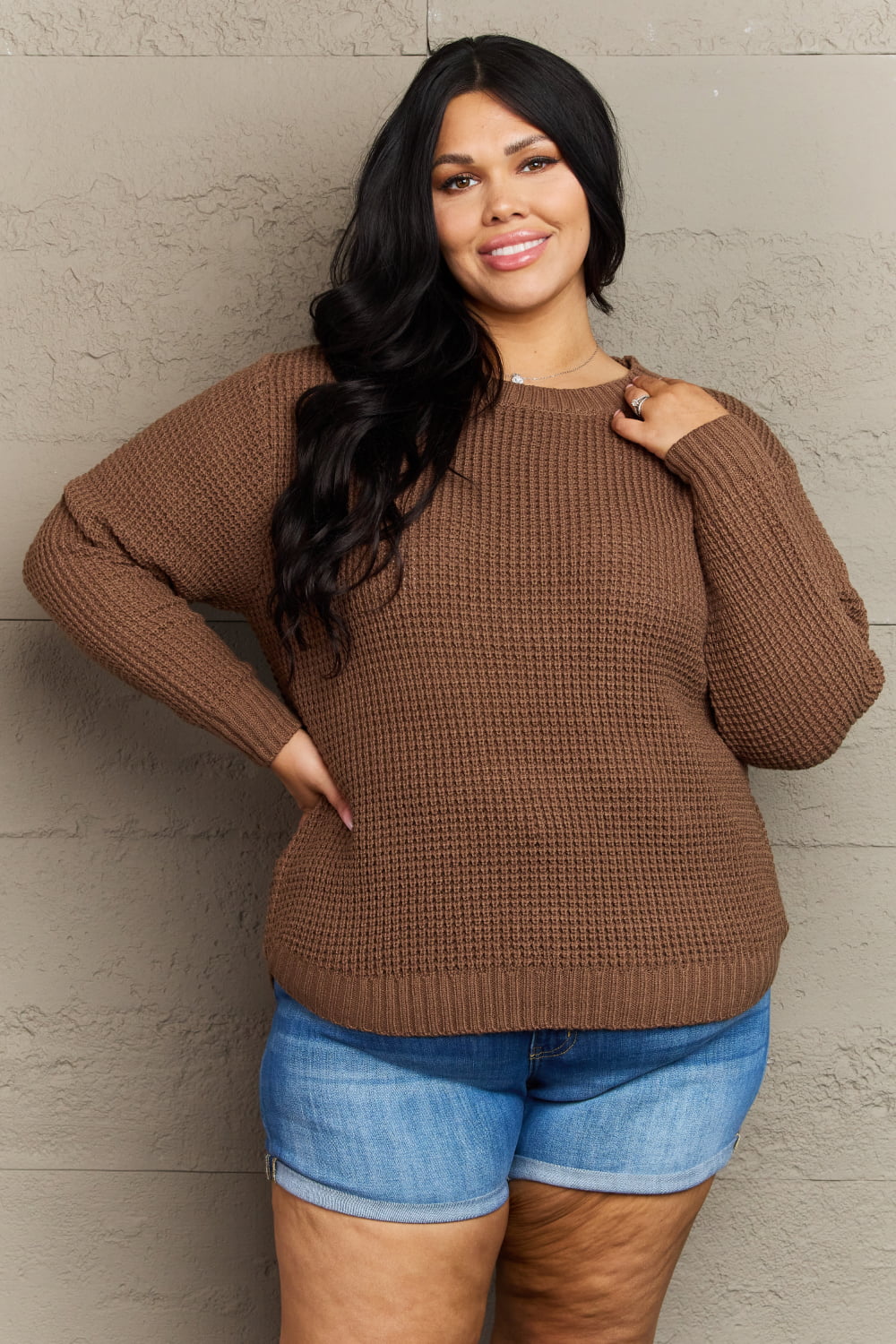 Zenana Breezy Days Curvy Girl Exclusive High Low Waffle Knit Sweater