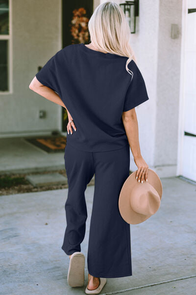 Double Take Textured Short Sleeve Top and Pants Set - 3 Color Options!