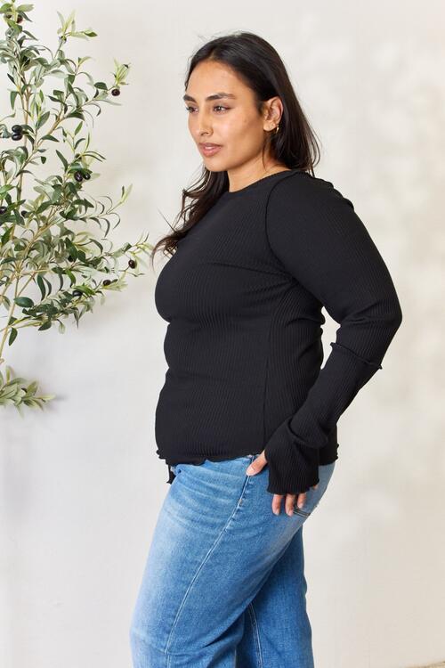 Black Perfection Ribbed Round Neck Long Sleeve Top