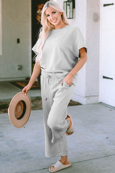 Double Take Textured Short Sleeve Top and Pants Set - 3 Color Options!