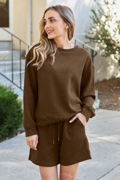 Double Take Textured Long Sleeve Top and Drawstring Shorts Set - 5 Color Options!
