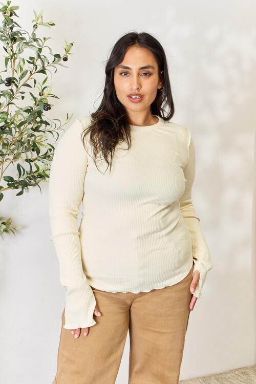Ivory Perfection Ribbed Round Neck Long Sleeve Top