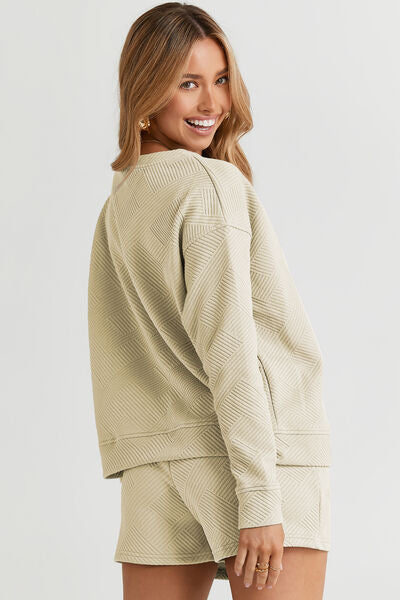 Double Take Textured Long Sleeve Top and Drawstring Shorts Set - 5 Color Options!