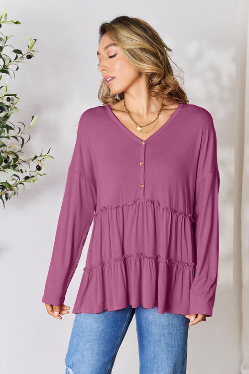 Double Take Half Button Long Sleeve Ruffle Hem Blouse - Multiple Colors!