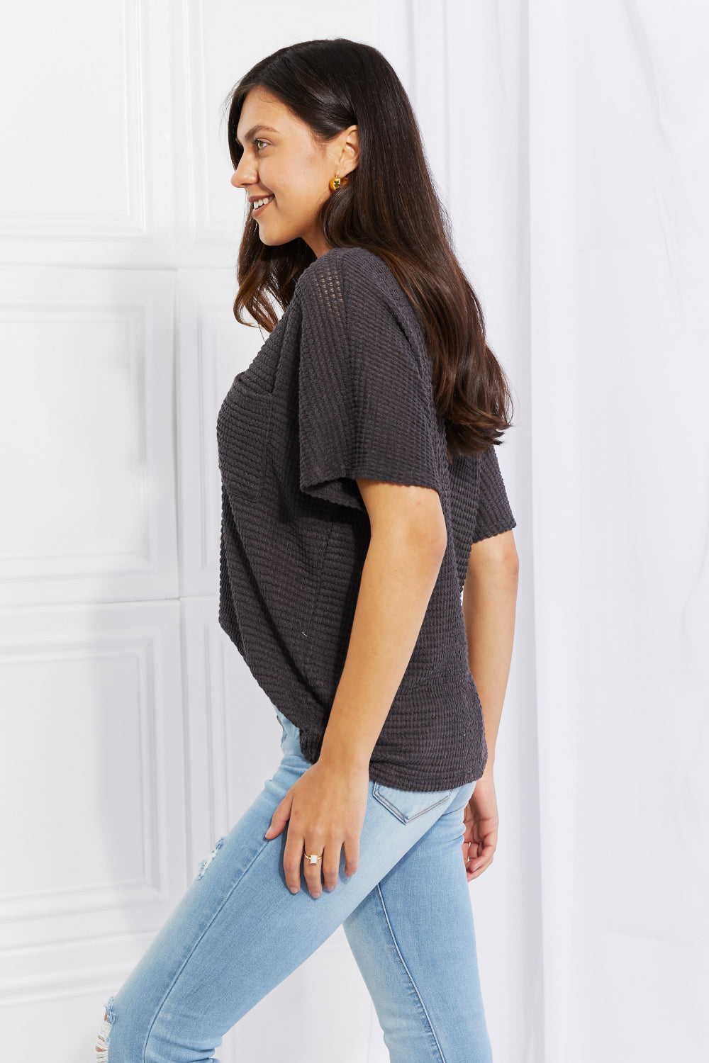 Zenana Spring It On Keyhole Jacquard Sweater in Gray