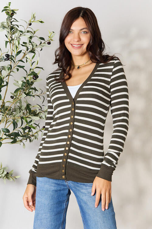 Zenana Olive Striped Snap Down Cardigan