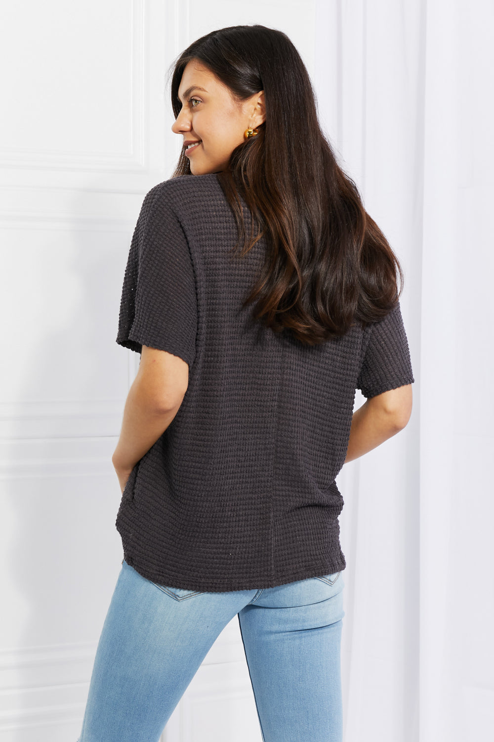 Zenana Spring It On Keyhole Jacquard Sweater in Gray