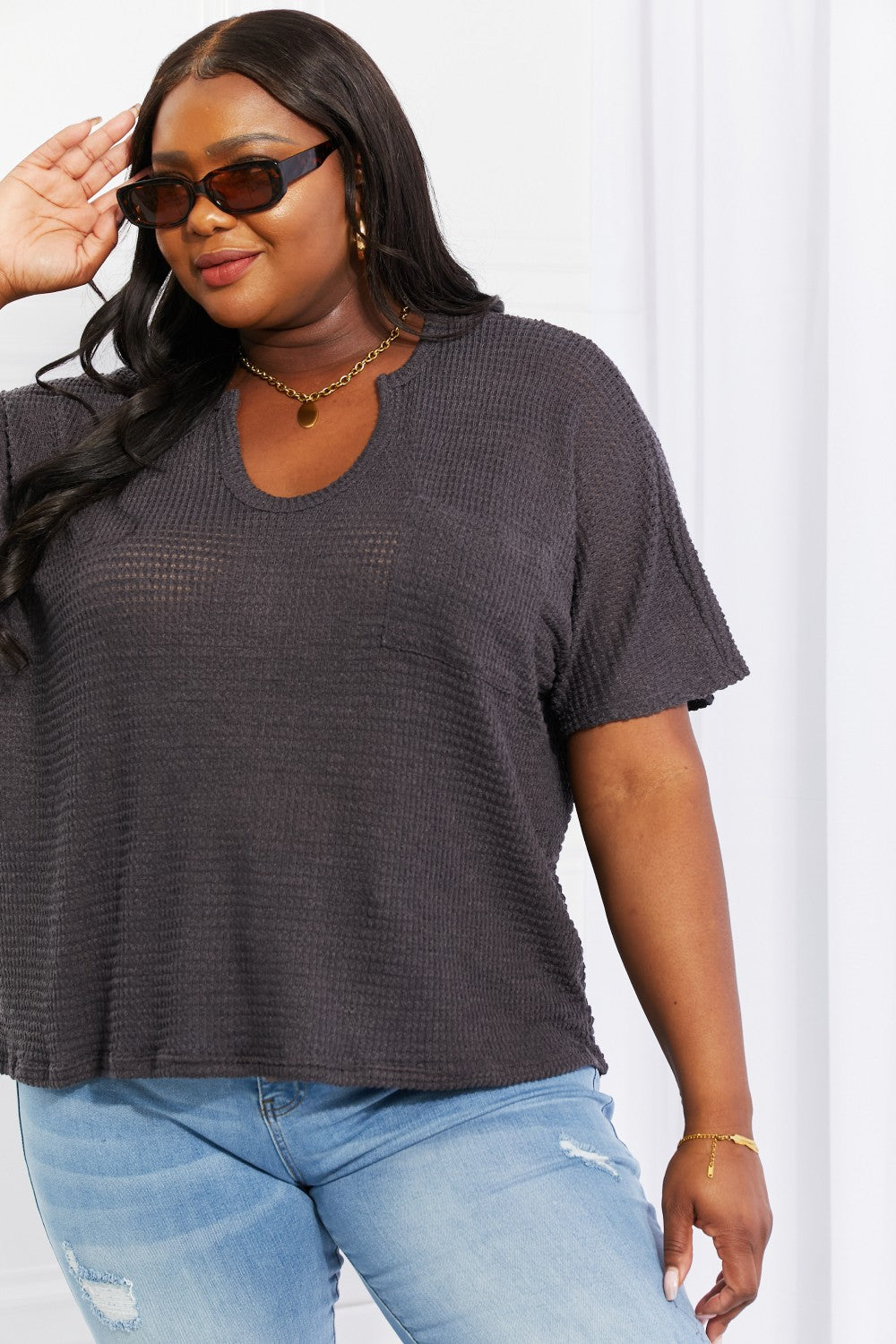 Zenana Spring It On Keyhole Jacquard Sweater in Gray