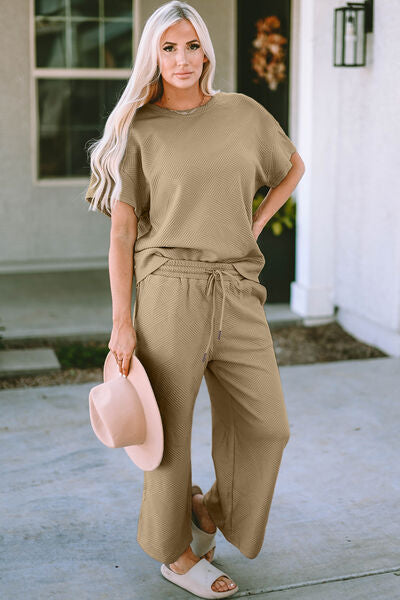Double Take Textured Short Sleeve Top and Pants Set - 3 Color Options!