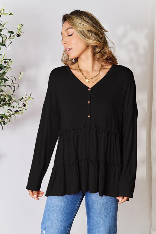 Double Take Half Button Long Sleeve Ruffle Hem Blouse - Multiple Colors!