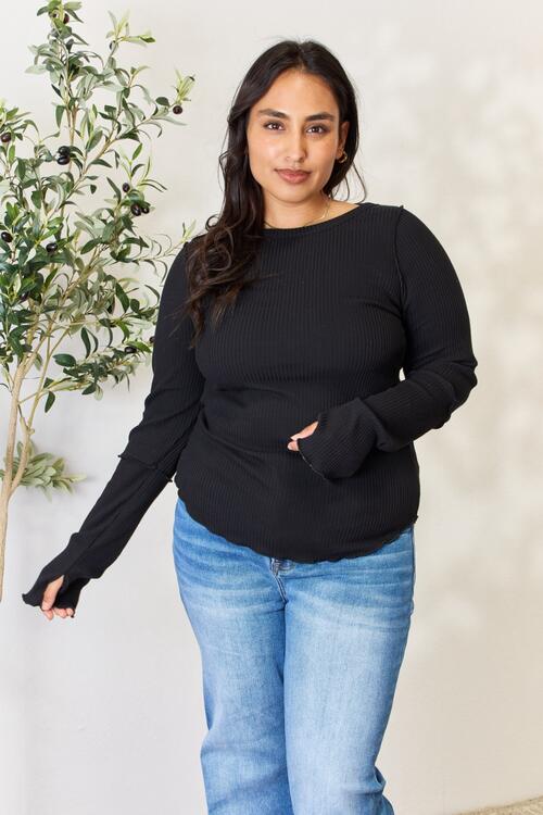 Black Perfection Ribbed Round Neck Long Sleeve Top