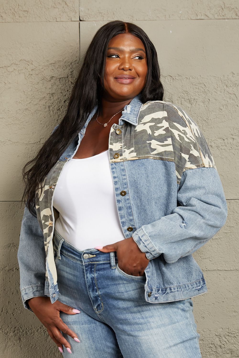 GeeGee Washed Denim Camo Contrast Jacket