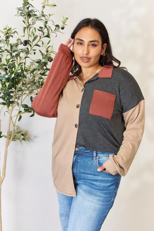 Block Button Down Long Sleeve Top