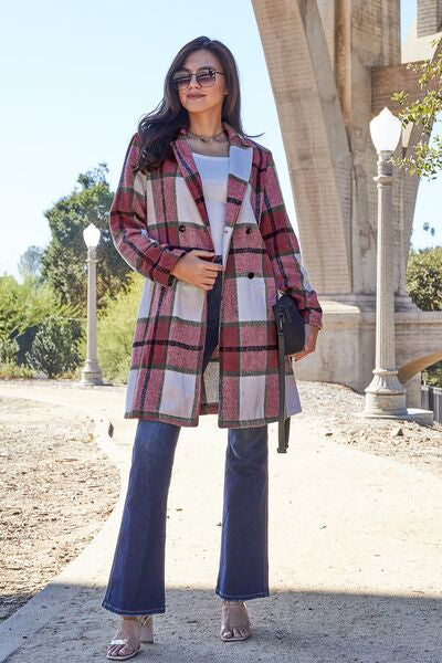 Double Take Plaid Button Up Lapel Collar Coat - Color Options!