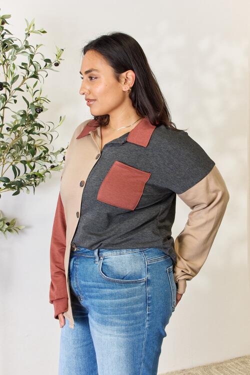 Block Button Down Long Sleeve Top