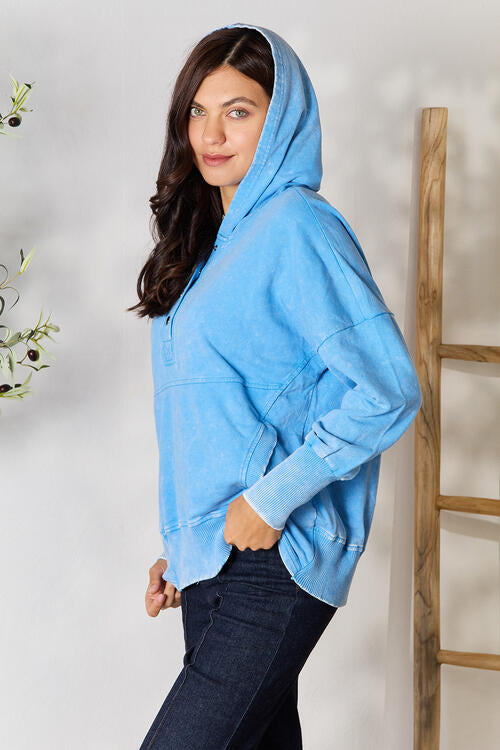 French Terry Acid Wash Half Snap Kangaroo Pocket Hoodie