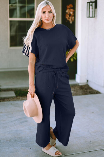 Double Take Textured Short Sleeve Top and Pants Set - 3 Color Options!