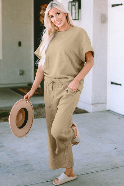 Double Take Textured Short Sleeve Top and Pants Set - 3 Color Options!