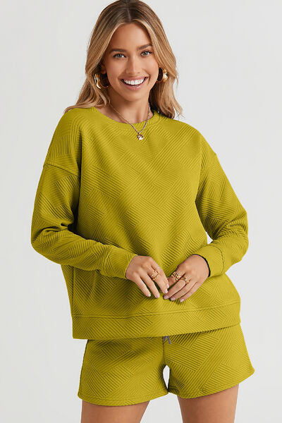 Double Take Textured Long Sleeve Top and Drawstring Shorts Set - 5 Color Options!
