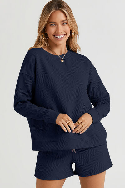 Double Take Textured Long Sleeve Top and Drawstring Shorts Set - 5 Color Options!