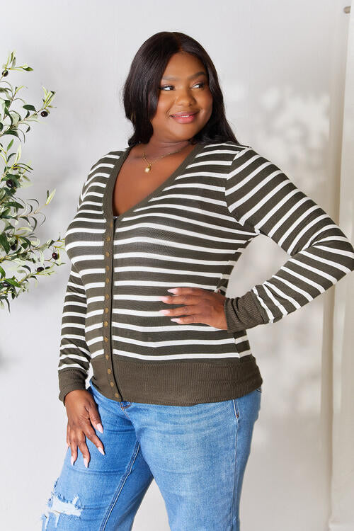 Zenana Olive Striped Snap Down Cardigan