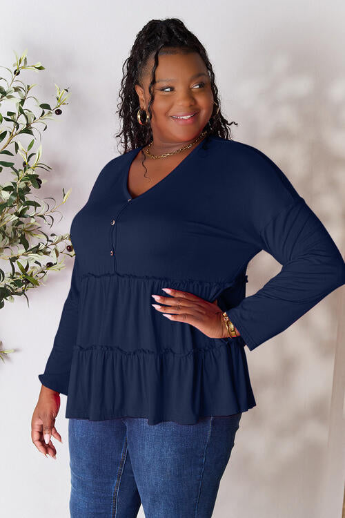 Double Take Half Button Long Sleeve Ruffle Hem Blouse - Multiple Colors!