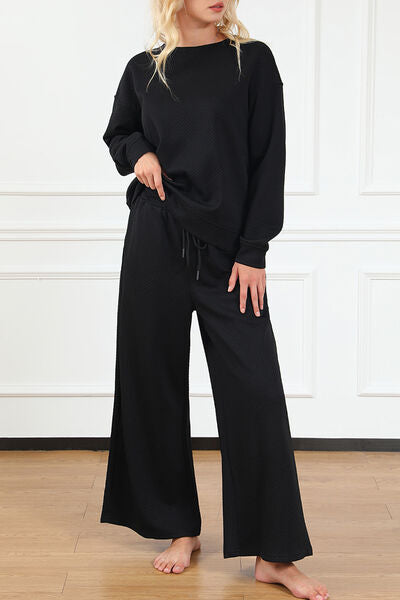 Double Take Textured Long Sleeve Top and Drawstring Pants Set - 6 color options!