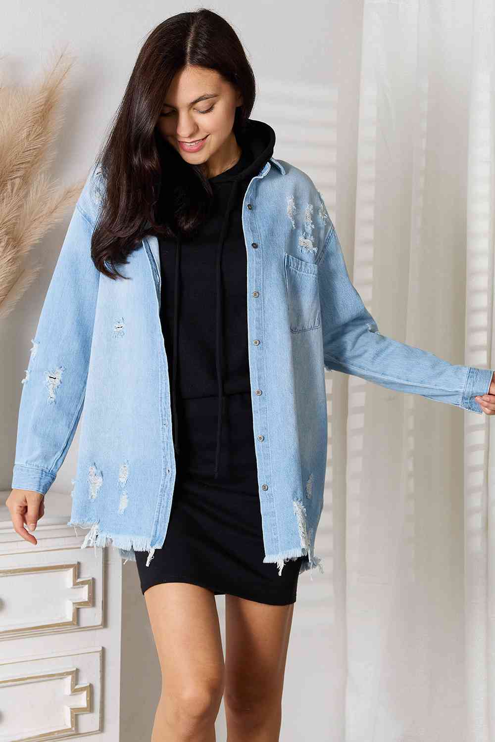 RISEN Distressed Raw Hem Denim Shacket