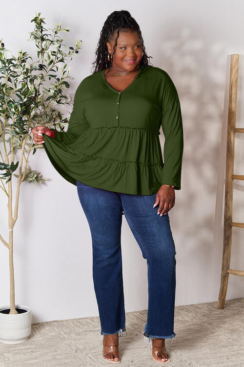 Double Take Half Button Long Sleeve Ruffle Hem Blouse - Multiple Colors!