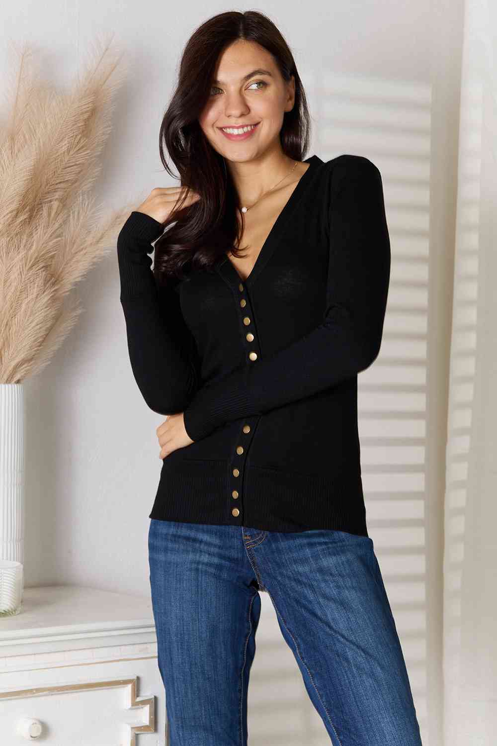 Zenana V-Neck Long Sleeve Snap Cardi