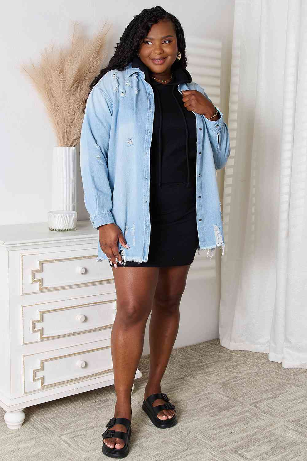 RISEN Distressed Raw Hem Denim Shacket