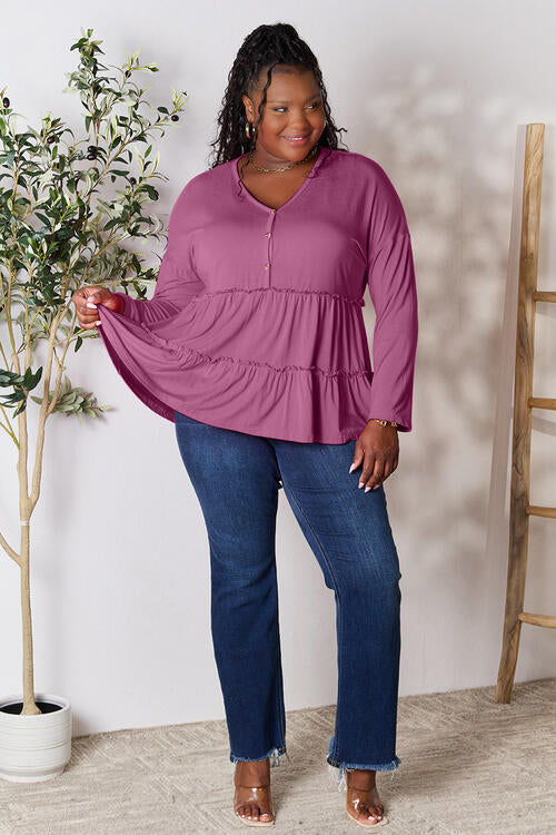 Double Take Half Button Long Sleeve Ruffle Hem Blouse - Multiple Colors!