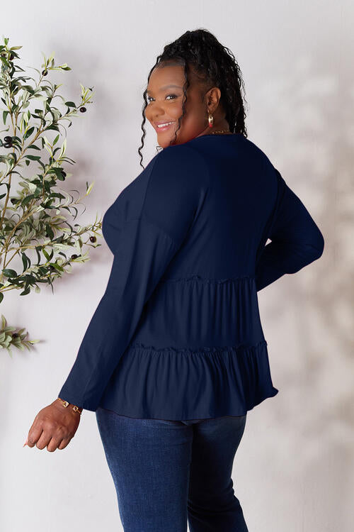 Double Take Half Button Long Sleeve Ruffle Hem Blouse - Multiple Colors!