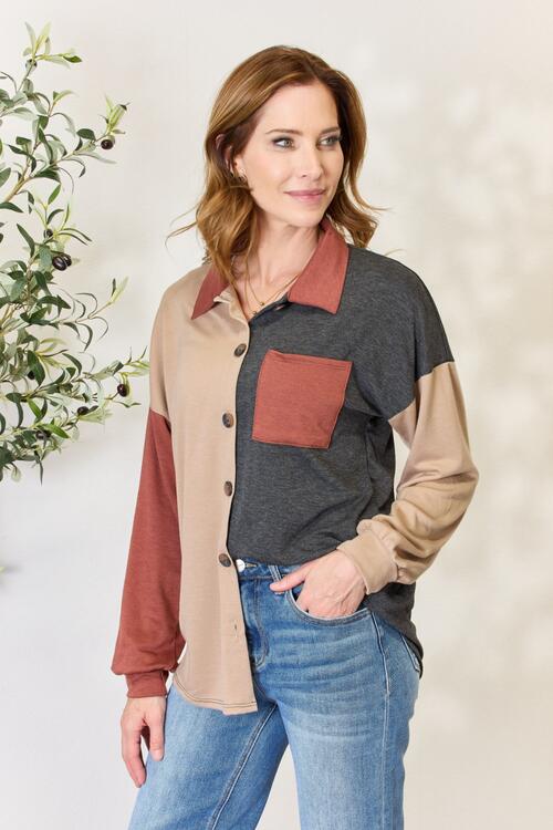 Block Button Down Long Sleeve Top