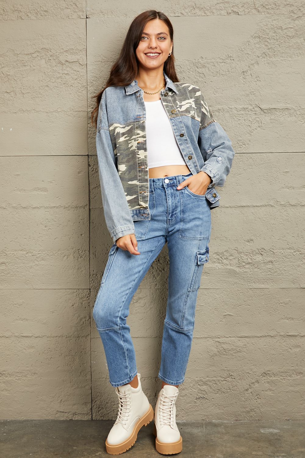 GeeGee Washed Denim Camo Contrast Jacket