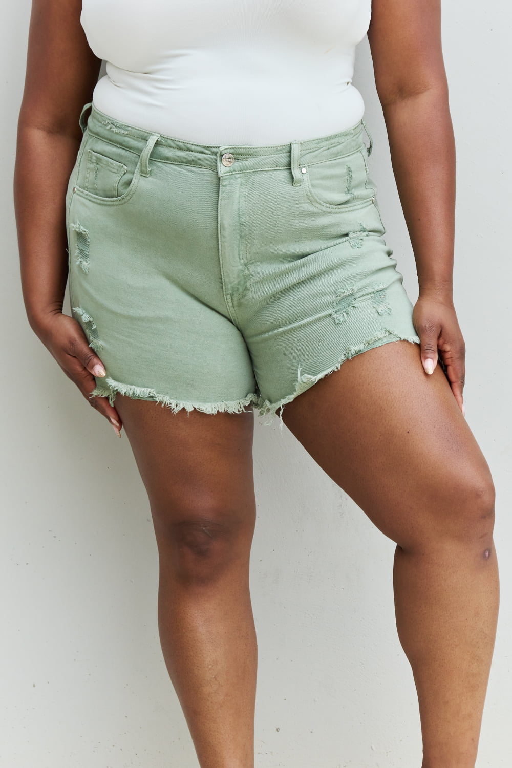 RISEN Katie High Waisted Distressed Shorts in Gum Leaf