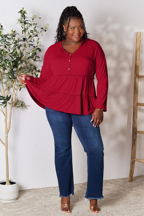 Double Take Half Button Long Sleeve Ruffle Hem Blouse - Multiple Colors!