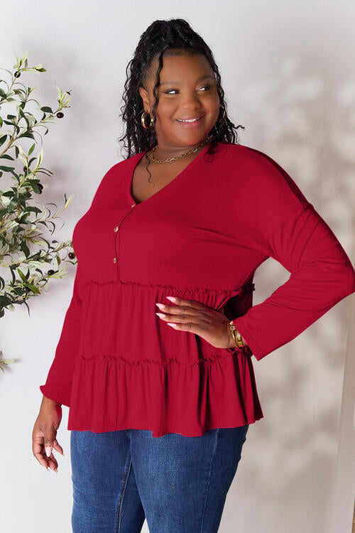 Double Take Half Button Long Sleeve Ruffle Hem Blouse - Multiple Colors!